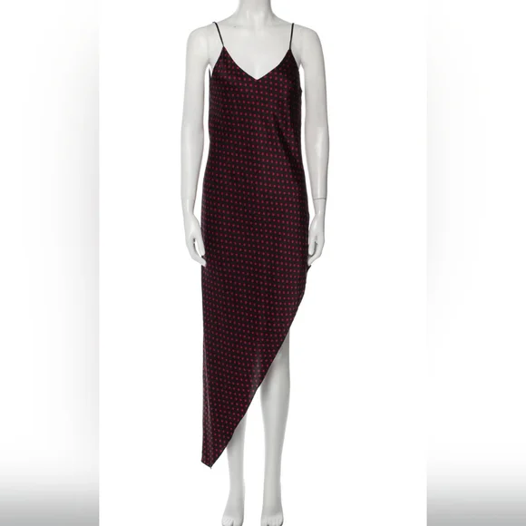 AMIRI Black With Red Polka Dots Asymmetrical Low Back Silk Dress - Picture 1 of 8